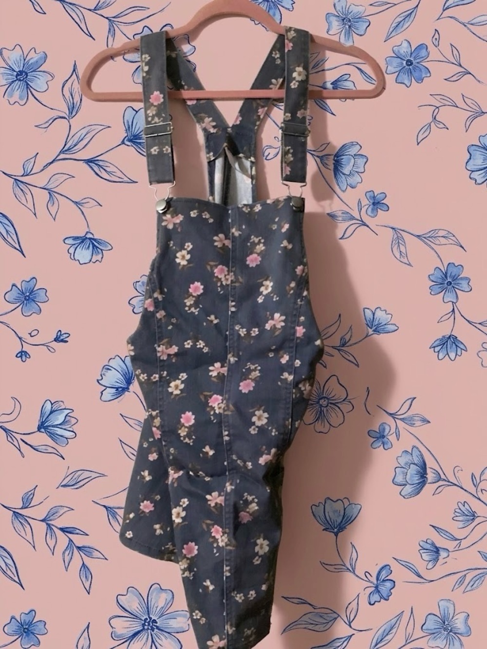 No Boundaries Juniors Blue Floral Denim Overall Skirt